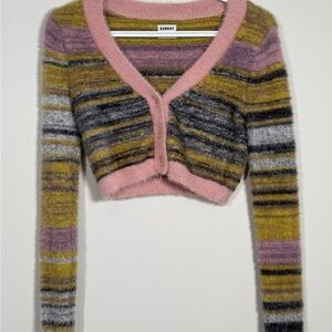 🧶 Sunday Best Reese Cardigan Size 2XS Striped Fuzzy Knit V-Neck Cropped Sweater